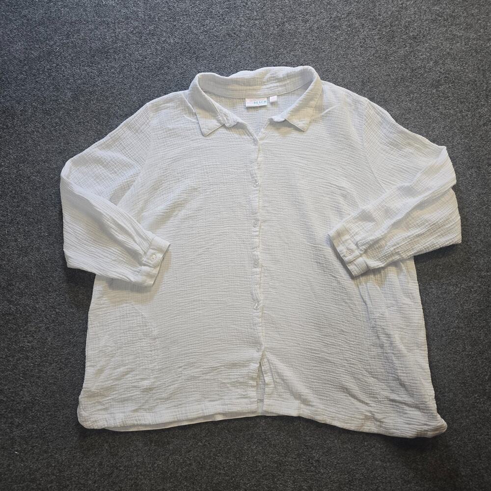 Belle Kim Gravel Top Womens 4X White Gauze Texture Long Sleeve Button Up Casual